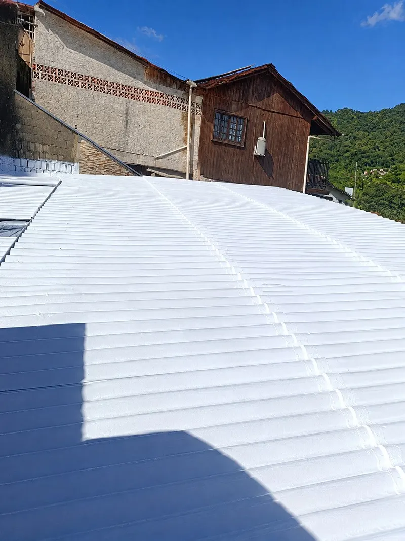 Aplicação de borracha líquida em telhado ondulado sob céu limpo — obra rural